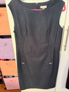 Calvin Klein Blue Denim Sheath Midi Dress with Pink Lining